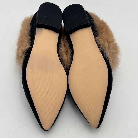 Divanne Black Embroidered Mules Rabbit Fur Trim Pointed Toe Sz 8 Hollywood Glam - Picture 10 of 10
